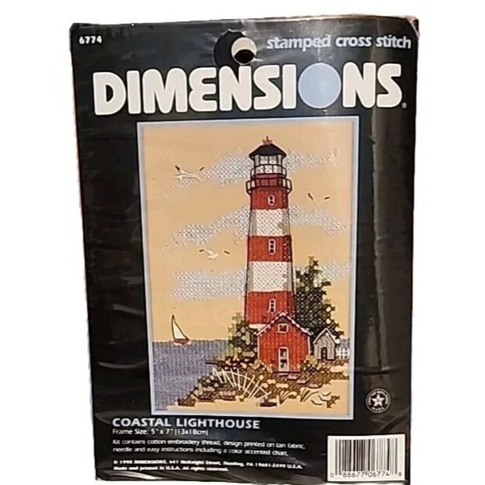 Coastal Lighthouse Stamped Cross Stitch Kit Dimensions NIP 5x7 Sailboat Sea Gull